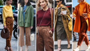 Complementary colours of brown shown through stylish outfit pieces in cream, blue, white, and rust tones.